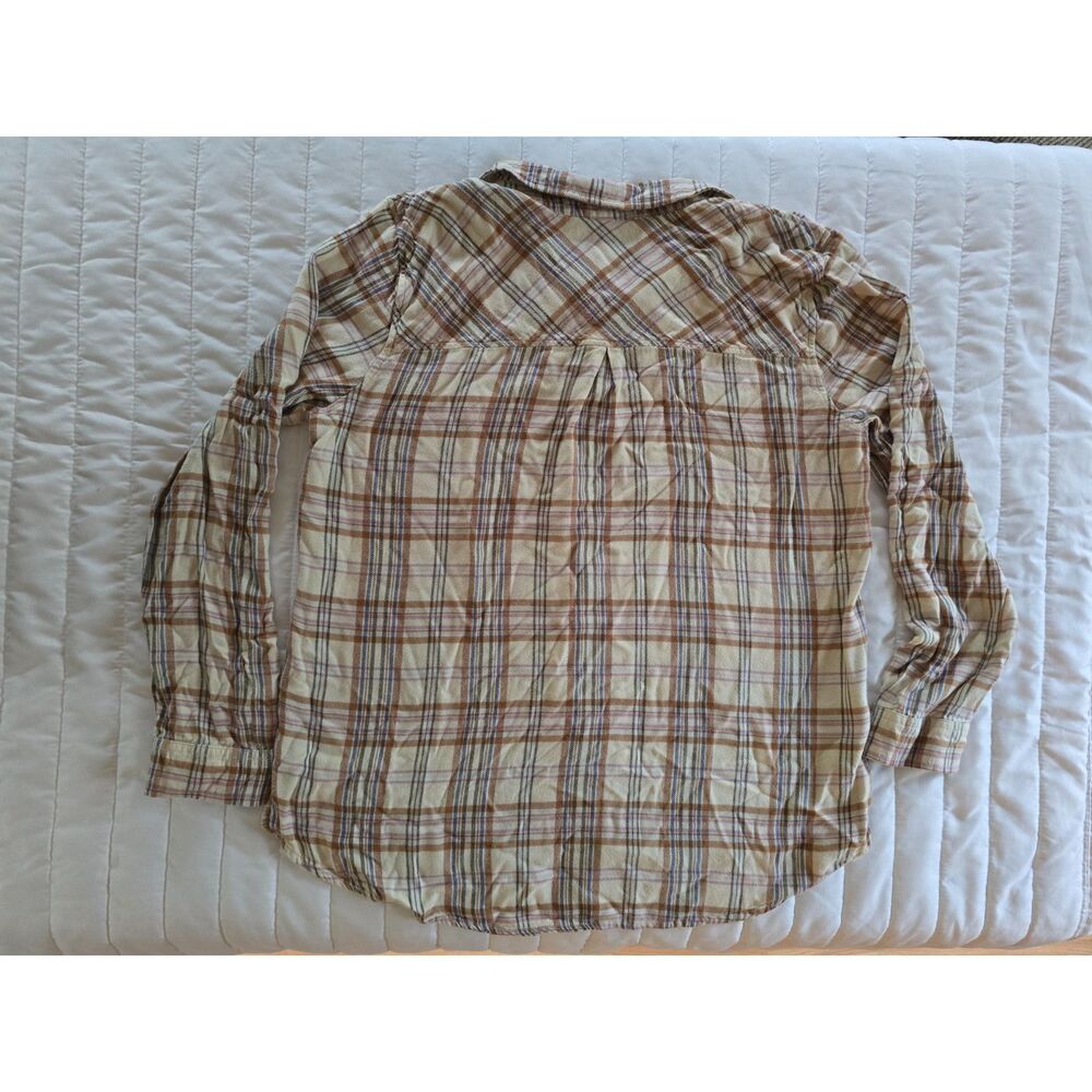 Becool Women’s Size Large Beige Plaid Button Down Shirt Pocket Long Sleeve
